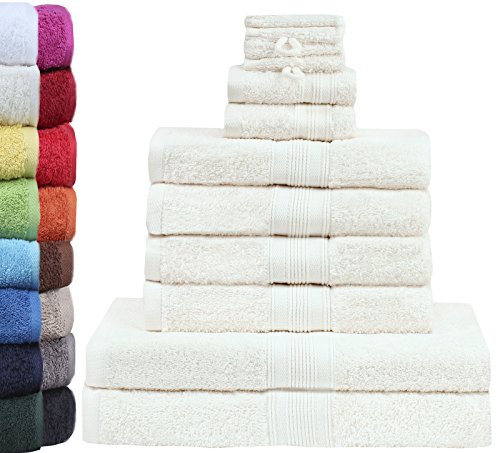 GREEN MARK Textilien 10 TLG. FROTTIER Handtuch-Set mit verschiedenen Größen 4X Handtücher, 2X Duschtücher, 2X Gästetücher, 2X Waschhandschuhe | Farbe: Creme/Natur | Premium Qualität von GREEN MARK Textilien