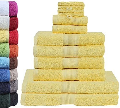 GREEN MARK Textilien 10 TLG. FROTTIER Handtuch-Set mit verschiedenen Größen 4X Handtücher, 2X Duschtücher, 2X Gästetücher, 2X Waschhandschuhe | Farbe: Gelb | Premium Qualität von GREEN MARK Textilien
