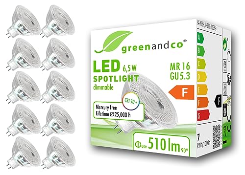10x greenandco® CRI 90+ MR16 GU5.3 dimmbarer LED Spot, 6,5W 510 lm 38° 3000K warmweiß 12V AC/DC, 2 Jahre Garantie von greenandco