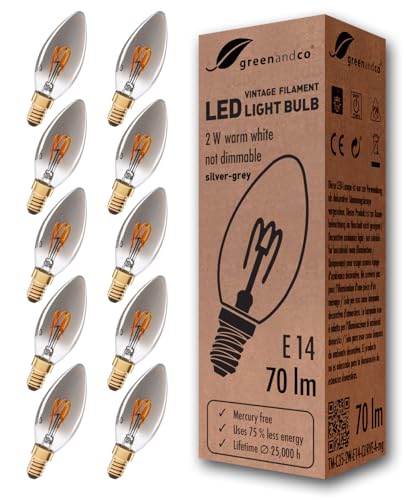 greenandco 10x Vintage Glühfaden LED Kerze | silbergrau | E14 C35 | 2W 70lm | 1800K extra warmweiß | 360° | 230V | flimmerfrei | nicht dimmbar von greenandco