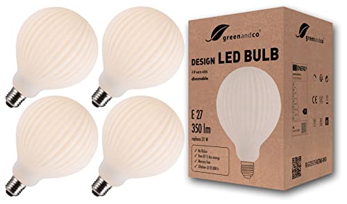 greenandco 4x Vintage Design LED Lampe | Opal Streifen | dimmbar | E27 G125 | 4W 350lm | CRI90+ | 3000K warmweiß | flimmerfrei | zur Stimmungsbeleuchtung | 360° | 230V von greenandco