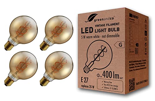 greenandco 4x Vintage Glühfaden LED Lampe gold E27 G95 5W 400lm 2000K extra warmweiß 360° 230V flimmerfrei, nicht dimmbar, 2 Jahre Garantie von greenandco