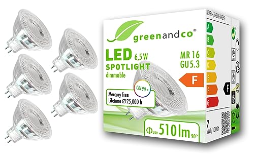 greenandco 5x CRI 90+ MR16 GU5.3 dimmbarer LED Spot, 6,5W 510 lm 38° 3000K warmweiß 12V AC/DC, 2 Jahre Garantie von greenandco