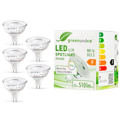 greenandco 5x CRI 90+ MR16 GU5.3 dimmbarer LED Spot, 6,5W 510 lm 38° 3000K warmweiß 12V AC/DC, 2 Jahre Garantie von greenandco