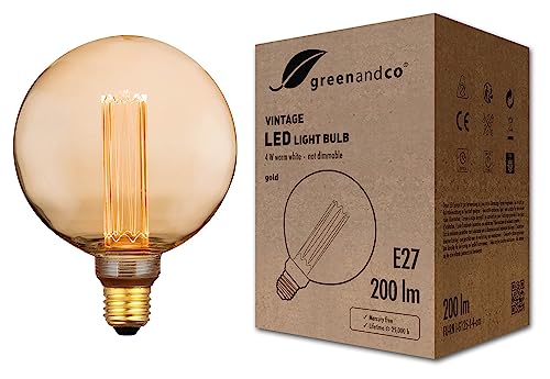 greenandco® Vintage Design LED Lampe zur Stimmungsbeleuchtung E27 G125 Edison Glühbirne, 4W 200lm 1800K gold extra warmweiß 320° 230V flimmerfrei, nicht dimmbar, 2 Jahre Garantie von greenandco