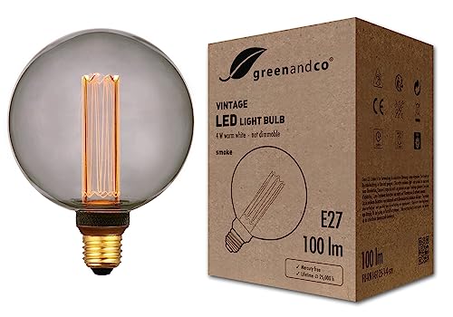greenandco Vintage Design LED Birne zur Stimmungsbeleuchtung | E27 G125 | smoke | 4W 100lm | 1800K extra warmweiß | 320° | 230V | flimmerfrei | nicht dimmbar | Edison Glühbirne von greenandco