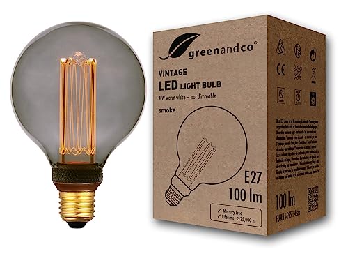 greenandco Vintage Design LED Birne zur Stimmungsbeleuchtung | E27 G95 | smoke | 4W 100lm | 1800K extra warmweiß | 320° | 230V | flimmerfrei | nicht dimmbar | Edison Glühbirne von greenandco