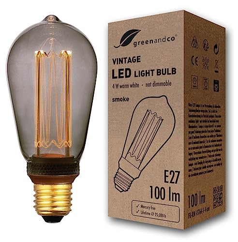 greenandco Vintage Design LED Birne zur Stimmungsbeleuchtung | E27 ST64 | smoke | 4W 100lm | 1800K extra warmweiß | 320° | 230V | flimmerfrei | nicht dimmbar | Edison Glühbirne von greenandco