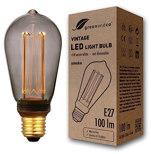 greenandco® Vintage Design LED Lampe zur Stimmungsbeleuchtung E27 ST64 Edison Glühbirne 4W 100lm 1800K smoke extra warmweiß 320° 230V flimmerfrei, nicht dimmbar, 2 Jahre Garantie von greenandco