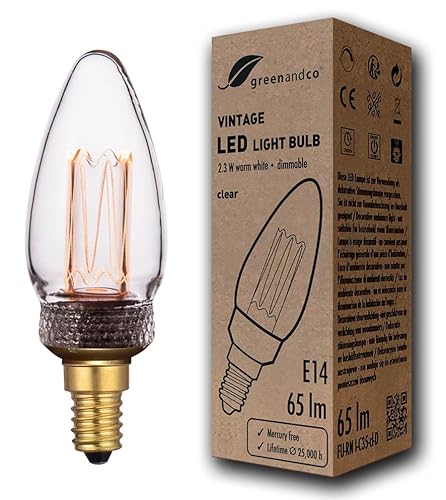 greenandco dimmbare Vintage Design LED Birne zur Stimmungsbeleuchtung | E14 C35 | klar | 2,3W 65lm | 1800K extra warmweiß | 320° | 230V | flimmerfrei | Edison Glühbirne von greenandco