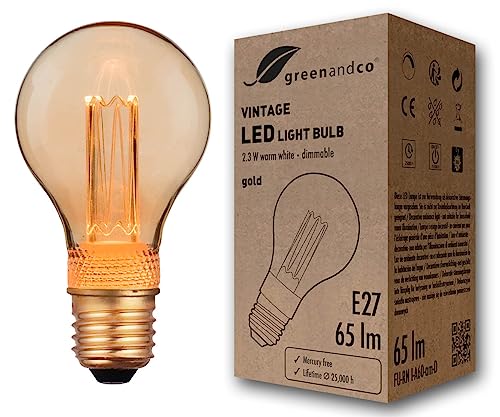 greenandco dimmbare Vintage Design LED Birne zur Stimmungsbeleuchtung | E27 A60 | gold | 2,3W 65lm | 1800K extra warmweiß | 320° | 230V | flimmerfrei | Edison Glühbirne von greenandco