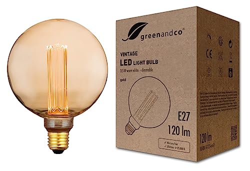 greenandco® dimmbare Vintage Design LED Lampe E27 G125 3,5W 120lm 1800K gold extra warmweiß 320° 230V flimmerfrei Edison Glühbirne zur Stimmungsbeleuchtung, 2 Jahre Garantie von greenandco