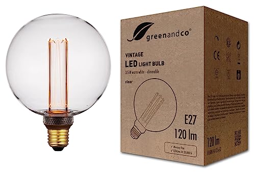 greenandco dimmbare Vintage Design LED Birne zur Stimmungsbeleuchtung | E27 G125 | klar | 3,5W 120lm | 1800K extra warmweiß | 320° | 230V | flimmerfrei | Edison Glühbirne von greenandco