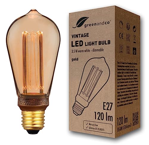 greenandco dimmbare Vintage Design LED Birne zur Stimmungsbeleuchtung | E27 ST64 | gold | 3,5W 120lm | 1800K extra warmweiß | 320° | 230V | flimmerfrei | Edison Glühbirne von greenandco