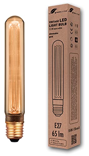 greenandco dimmbare Vintage Design LED Birne zur Stimmungsbeleuchtung | E27 T30 | gold | 2,3W 65lm | 1800K extra warmweiß | 320° | 230V | flimmerfrei | Edison Glühbirne von greenandco