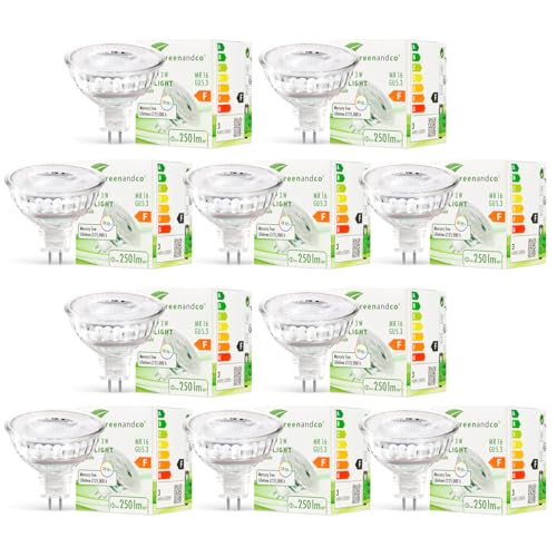 greenandco 10x CRI 90+ MR16 GU5.3 dimmbarer LED Spot, 3W 250 lm 38° 2700K warmweiß 12V AC/DC, 2 Jahre Garantie von greenandco