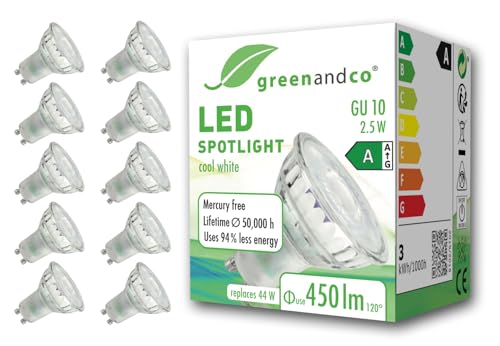greenandco 10x GU10 | ersetzt 44W | kaltweiß 6500K | 2.5W 450lm | 100° | flimmerfrei | Energieeffizienzklasse A | 230V LED Spot | nicht dimmbar von greenandco