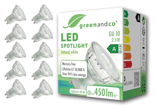 greenandco 10x GU10 | ersetzt 44W | neutralweiß 4000K | 2.5W 450lm | 36° | flimmerfrei | Energieeffizienzklasse A | 230V LED Spot | nicht dimmbar von greenandco