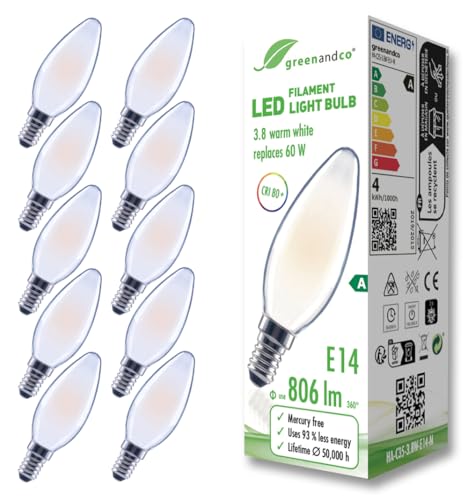 greenandco 10x Glühfaden LED Lampe | matt | E14 C35 | 3,8W 806lm | ersetzt 60W | 2700K warmweiß | 320° | 230V | flimmerfrei | Energieeffizienzklasse A | nicht dimmbar greenandco 10x Glühfaden LED Lampe | matt | E14 C35 | 3,8W 806lm | ersetzt 60W | 2700K warmweiß | 320° | 230V | flimmerfrei | Energieeffizienzklasse A | nicht dimmbar von greenandco