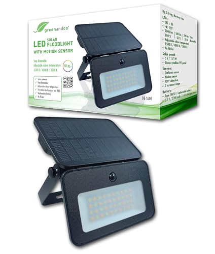 greenandco 2x LED Solar-Flutlichtstrahler mit Bewegungsmelder | 1000 Lumen | dimmbar in 3 Stufen | Lichtfarbe einstellbar 6500/4000/3000 K | IP65 | für Außenbereich geeignet | Wand Strahler von greenandco