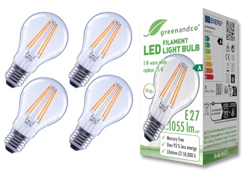 greenandco 4x Glühfaden LED Lampe | klar | E27 A60 | 5W 1055lm | ersetzt 75W | 2700K warmweiß | 320° | 230V | flimmerfrei | Energieeffizienzklasse A | nicht dimmbar greenandco 4x Glühfaden LED Lampe | klar | E27 A60 | 5W 1055lm | ersetzt 75W | 2700K warmweiß | 320° | 230V | flimmerfrei | Energieeffizienzklasse A | nicht dimmbar von greenandco