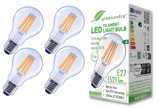 greenandco 4x Glühfaden LED Lampe | klar | dimmbar | E27 A60 | 7,2W 1521lm | ersetzt 100W | 3000K warmweiß | 320° | 230V | flimmerfrei | Energieeffizienzklasse A greenandco 4x Glühfaden LED Lampe | klar | dimmbar | E27 A60 | 7,2W 1521lm | ersetzt 100W | 3000K warmweiß | 320° | 230V | flimmerfrei | Energieeffizienzklasse A von greenandco