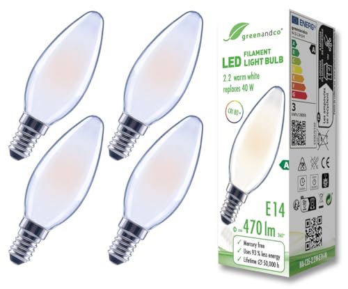 greenandco 4x Glühfaden LED Lampe | matt | E14 C35 | 2,2W 470lm | ersetzt 40W | 2700K warmweiß | 320° | 230V | flimmerfrei | Energieeffizienzklasse A | nicht dimmbar greenandco 4x Glühfaden LED Lampe | matt | E14 C35 | 2,2W 470lm | ersetzt 40W | 2700K warmweiß | 320° | 230V | flimmerfrei | Energieeffizienzklasse A | nicht dimmbar von greenandco