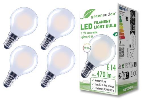greenandco 4x Glühfaden LED Lampe | matt | E14 G45 | 2,2W 470lm | ersetzt 40W | 2700K warmweiß | 320° | 230V | flimmerfrei | Energieeffizienzklasse A | nicht dimmbar greenandco 4x Glühfaden LED Lampe | matt | E14 G45 | 2,2W 470lm | ersetzt 40W | 2700K warmweiß | 320° | 230V | flimmerfrei | Energieeffizienzklasse A | nicht dimmbar von greenandco