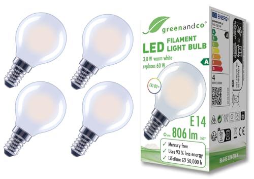 greenandco 4x Glühfaden LED Lampe | matt | E14 G45 | 3,8W 806lm | ersetzt 60W | 2700K warmweiß | 320° | 230V | flimmerfrei | Energieeffizienzklasse A | nicht dimmbar greenandco 4x Glühfaden LED Lampe | matt | E14 G45 | 3,8W 806lm | ersetzt 60W | 2700K warmweiß | 320° | 230V | flimmerfrei | Energieeffizienzklasse A | nicht dimmbar von greenandco