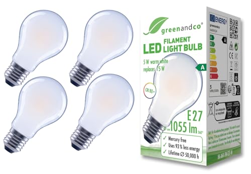 greenandco 4x Glühfaden LED Lampe | matt | E27 A60 | 5W 1055lm | ersetzt 75W | 2700K warmweiß | 320° | 230V | flimmerfrei | Energieeffizienzklasse A | nicht dimmbar greenandco 4x Glühfaden LED Lampe | matt | E27 A60 | 5W 1055lm | ersetzt 75W | 2700K warmweiß | 320° | 230V | flimmerfrei | Energieeffizienzklasse A | nicht dimmbar von greenandco