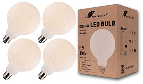 greenandco 4x Vintage Design LED Lampe | Opal Rauten | dimmbar | E27 G125 | 4W 350lm | CRI90+ | 3000K warmweiß | flimmerfrei | zur Stimmungsbeleuchtung | 360° | 230V greenandco 4x Vintage Design LED Lampe | Opal Rauten | dimmbar | E27 G125 | 4W 350lm | CRI90+ | 3000K warmweiß | flimmerfrei | zur Stimmungsbeleuchtung | 360° | 230V von greenandco