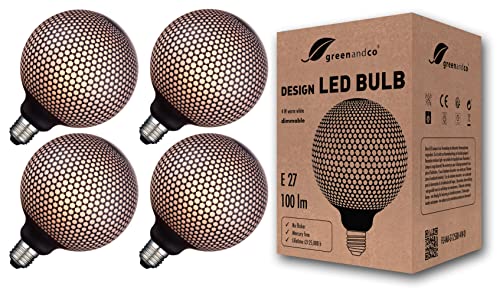 greenandco 4x Vintage Design LED Lampe schwarz gemustert | Sechsecke | dimmbar | E27 G125 | 4W 100lm | 1800K extra warmweiß | zur Stimmungsbeleuchtung | flimmerfrei 300° | 230V von greenandco