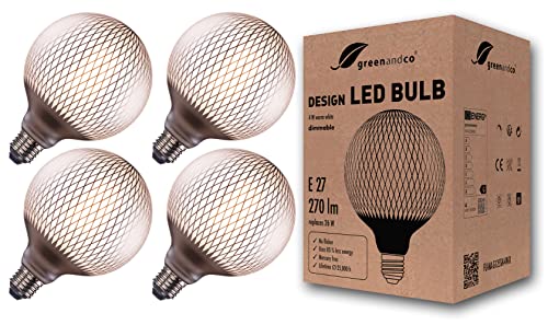 greenandco 4x Vintage Design LED Lampe silber gemustert (Rauten) dimmbar E27 G125 4W 270lm CRI90+ 2700K warmweiß zur Stimmungsbeleuchtung flimmerfrei 360° 230V, 2 Jahre Garantie von greenandco