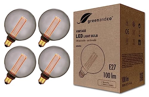greenandco 4x Vintage Design LED Lampe zur Stimmungsbeleuchtung E27 G125 Edison Glühbirne 4W 100lm 1800K smoke extra warmweiß 320° 230V flimmerfrei, nicht dimmbar, 2 Jahre Garantie von greenandco