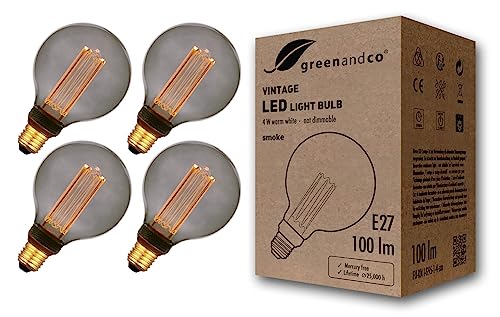 greenandco 4x Vintage Design LED Lampe zur Stimmungsbeleuchtung E27 G95 Edison Glühbirne 4W 100lm 1800K smoke extra warmweiß 320° 230V flimmerfrei, nicht dimmbar, 2 Jahre Garantie von greenandco