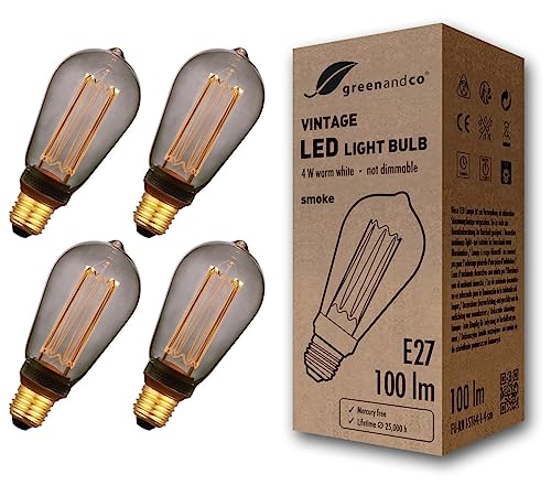 greenandco 4x Vintage Design LED Birne zur Stimmungsbeleuchtung | E27 ST64 | smoke | 4W 100lm | 1800K extra warmweiß | 320° | 230V | flimmerfrei | nicht dimmbar | Edison Glühbirne greenandco 4x Vintage Design LED Birne zur Stimmungsbeleuchtung | E27 ST64 | smoke | 4W 100lm | 1800K extra warmweiß | 320° | 230V | flimmerfrei | nicht dimmbar | Edison Glühbirne von greenandco