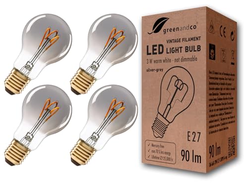 greenandco 4x E27 LED Vintage Glühbirne, extra warmweißes Licht, silbergraue Retro Glühbirne E27, klassische Form | 1800 K Leuchtmittel | 230 V von greenandco