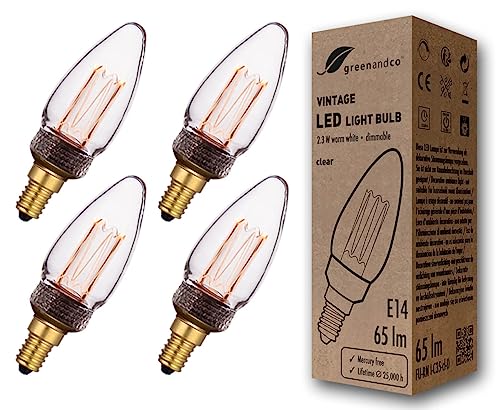 greenandco 4x dimmbare Vintage Design LED Lampe E14 C35 2,3W 65lm 1800K klar extra warmweiß 320° 230V flimmerfrei Edison Glühbirne zur Stimmungsbeleuchtung, 2 Jahre Garantie von greenandco