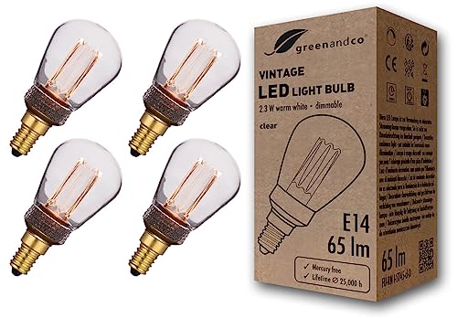 greenandco 4x dimmbare Vintage Design LED Birne zur Stimmungsbeleuchtung | E14 ST45 | klar | 2,3W 65lm | 1800K extra warmweiß | 320° | 230V | flimmerfrei | Edison Glühbirne von greenandco