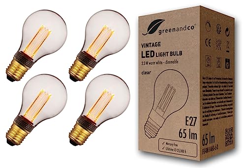 greenandco 4x dimmbare Vintage Design LED Lampe E27 A60 2,3W 65lm 1800K klar extra warmweiß 320° 230V flimmerfrei Edison Glühbirne zur Stimmungsbeleuchtung, 2 Jahre Garantie von greenandco