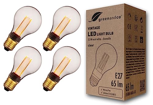 greenandco 4x dimmbare Vintage Design LED Birne zur Stimmungsbeleuchtung | E27 A60 | klar | 2,3W 65lm | 1800K extra warmweiß | 320° | 230V | flimmerfrei | Edison Glühbirne von greenandco