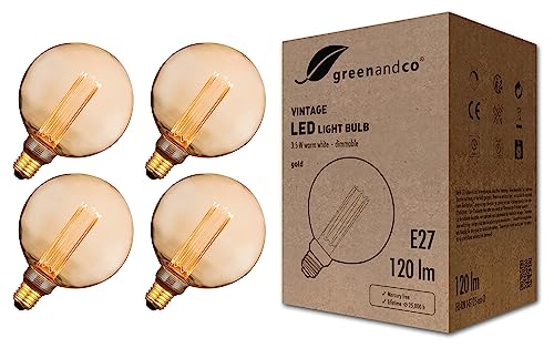 greenandco 4x dimmbare Vintage Design LED Lampe E27 G125 3,5W 120lm 1800K gold extra warmweiß 320° 230V flimmerfrei Edison Glühbirne zur Stimmungsbeleuchtung, 2 Jahre Garantie von greenandco