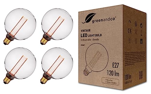 greenandco 4x dimmbare Vintage Design LED Lampe E27 G125 3,5W 120lm 1800K klar extra warmweiß 320° 230V flimmerfrei Edison Glühbirne zur Stimmungsbeleuchtung, 2 Jahre Garantie von greenandco