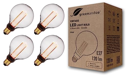 greenandco 4x dimmbare Vintage Design LED Lampe E27 G95 3,5W 120lm 1800K klar extra warmweiß 320° 230V flimmerfrei Edison Glühbirne zur Stimmungsbeleuchtung, 2 Jahre Garantie von greenandco