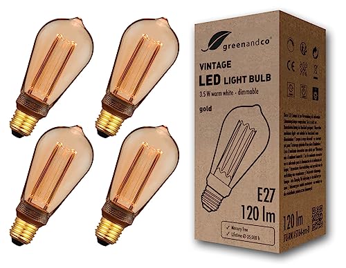 greenandco 4x dimmbare Vintage Design LED Lampe E27 ST64 3,5W 120lm 1800K gold extra warmweiß 320° 230V flimmerfrei Edison Glühbirne zur Stimmungsbeleuchtung, 2 Jahre Garantie von greenandco