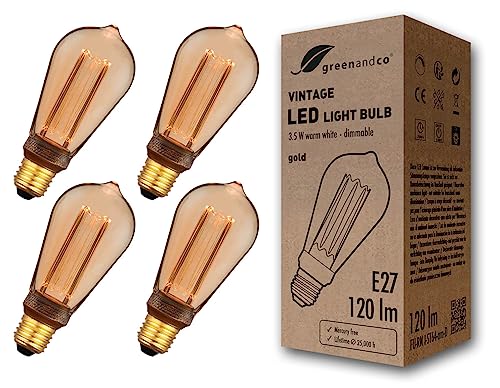 greenandco 4x dimmbare Vintage Design LED Birne zur Stimmungsbeleuchtung | E27 ST64 | gold | 3,5W 120lm | 1800K extra warmweiß | 320° | 230V | flimmerfrei | Edison Glühbirne greenandco 4x dimmbare Vintage Design LED Birne zur Stimmungsbeleuchtung | E27 ST64 | gold | 3,5W 120lm | 1800K extra warmweiß | 320° | 230V | flimmerfrei | Edison Glühbirne von greenandco