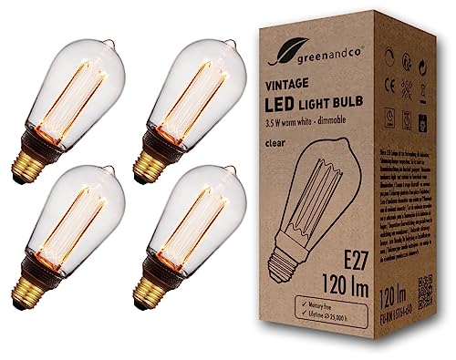 greenandco 4x dimmbare Vintage Design LED Birne zur Stimmungsbeleuchtung | E27 ST64 | klar | 3,5W 120lm | 1800K extra warmweiß | 320° | 230V | flimmerfrei | Edison Glühbirne greenandco 4x dimmbare Vintage Design LED Birne zur Stimmungsbeleuchtung | E27 ST64 | klar | 3,5W 120lm | 1800K extra warmweiß | 320° | 230V | flimmerfrei | Edison Glühbirne von greenandco