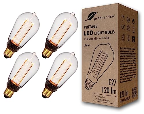 greenandco 4x dimmbare Vintage Design LED Lampe E27 ST64 3,5W 120lm 1800K klar extra warmweiß 320° 230V flimmerfrei Edison Glühbirne zur Stimmungsbeleuchtung, 2 Jahre Garantie von greenandco