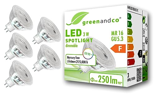 5x greenandco® CRI 90+ MR16 GU5.3 dimmbarer LED Spot, 3W 250 lm 38° 2700K warmweiß 12V AC/DC, 2 Jahre Garantie von greenandco