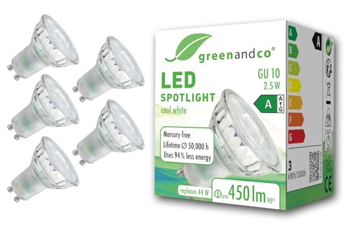 greenandco 5x GU10 | ersetzt 44W | kaltweiß 6500K | 2.5W 450lm | 100° | flimmerfrei | Energieeffizienzklasse A | 230V LED Spot | nicht dimmbar von greenandco